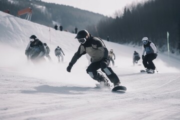 Sticker - winter sports competition, with skiers and snowboarders racing down the slopes at full speed, created with generative ai