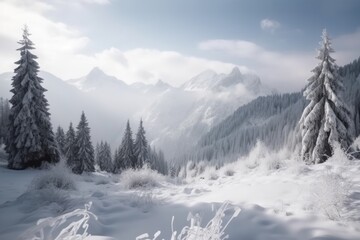 Canvas Print - winter landscape with snow-covered trees and mountains in the background, created with generative ai