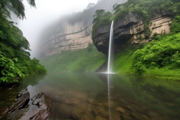 Canvas Print - majestic waterfall, plummeting over cliff into misty pool below, created with generative ai