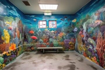 Poster - colorful mural depicting underwater scene with schools of fish and coral, created with generative ai