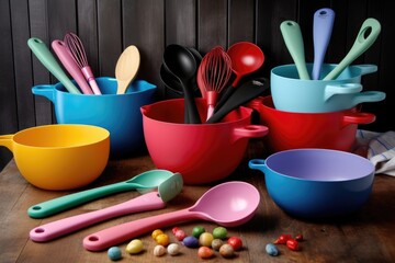 Sticker - a colorful array of cooking utensils, including mixing bowls and spatulas, created with generative ai