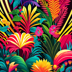 Wall Mural - Seamless pattern with tropical leaves and flowers. Vector illustration.