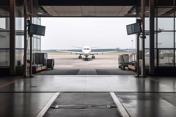 Wall Mural - the empty airport terminal, with jetway and plane visible behind the doors, is a powerful symbol of travel, created with generative ai