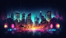 Audio Music Backgrounds. Buildings City View With Sounds Elements, Colors And Particles. Vivid And Vibrant Illustration Of City Skyline At Night With Musical Twist Of Techno Or Edm