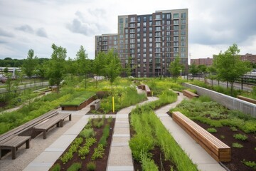 Wall Mural - green rooftop garden, with pathways and benches, providing tranquil setting, created with generative ai