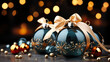 A group of blue christmas ornaments on a table. Generative AI. panoramic banner with christmas garland in blue colors.