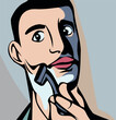 Vector of man shaving his face with a razor in hand