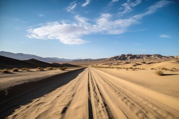 Canvas Print - scenic road trip through the desert, with endless views of sand dunes and open skies, created with generative ai