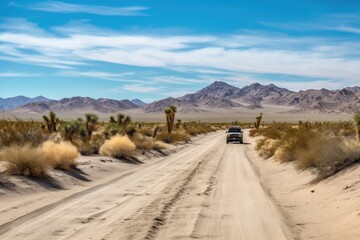 Sticker - scenic road trip through the desert, with sand dunes and cacti in the background, created with generative ai