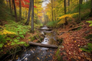 Poster - forest trail with clear, babbling brook and colorful foliage, created with generative ai