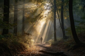 Wall Mural - person, walking through the forest on a misty morning, with rays of sunlight shining in, created with generative ai