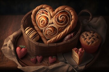 Wall Mural - heart-shaped cinnamon roll nestled in basket of pastries and treats, created with generative ai