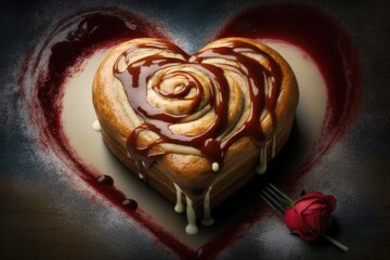 Wall Mural - heart-shaped cinnamon roll with drizzled icing, surrounded by a heart, created with generative ai