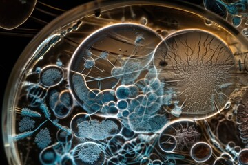 Wall Mural - microbial culture on microscope slide, with magnification of cells and structures visible, created with generative ai