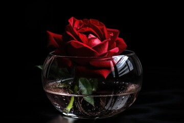 Wall Mural - red rose in glass vase on black background, created with generative ai