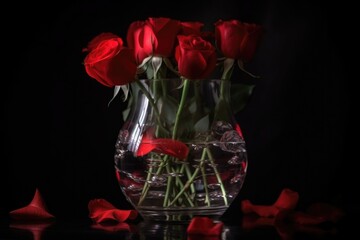 Wall Mural - red roses in vase, with water and light refelction on the petals, created with generative ai