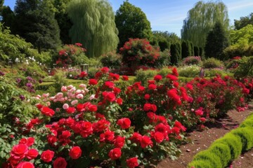 Poster - a garden of red roses, with a variety of blooms, in full bloom, created with generative ai