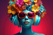 Künstliche Frau mit Blumen im Haar und Kopfhörern und Sonnenbrille - Vapowave Synthwave Stil - Abstrakter Hintergrund