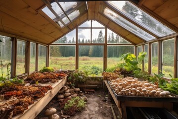 Poster - greenhouse, with view of the forest, and mushrooms growing on the floor, created with generative ai