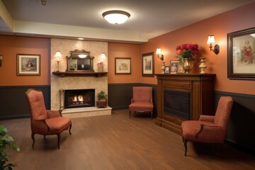 Poster - reception area with cozy seating and fireplaces to create warm and welcoming atmosphere, created with generative ai