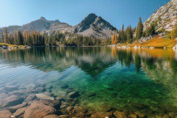 Poster - sparkling lake surrounded by towering mountains, created with generative ai