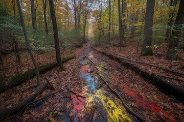 Canvas Print - stream of colorful markers leading the way through dense forest, created with generative ai