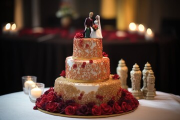 Wall Mural - beautiful wedding cake, with miniature figurines of the bride and groom on top, created with generative ai