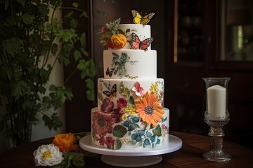 Poster - wedding cake with hand-painted flowers and butterflies, created with generative ai