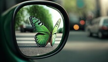 AI Generated Illustration Of A Green Butterfly Reflected On The Side Mirror Of A Vehicle