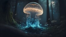 Very Detailed Transparent Translucent Beautiful Forest Full Of Bioluminescent Ghost Mushroom Jellyfish Cinematic Lighting 