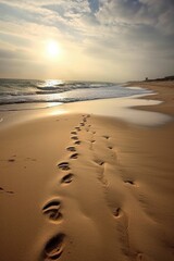 Wall Mural - footprints on a sandy beach leading to the ocean, created with generative ai