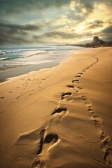 Poster - footprints trailing off into the distance on a sandy beach, created with generative ai