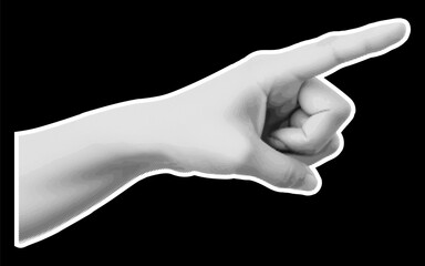 Poster - Halftone pointing gesture of the index finger hand. Collage design element in trendy magazine style. Vector illustration with vintage cutout shape.