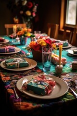 Wall Mural - birthday table setting with plates, napkins, and party favors, created with generative ai