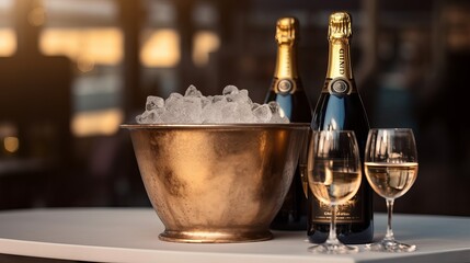 Bottle of champagne in bucket with ice and glasses on blurred background Generative AI