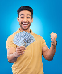 Canvas Print - Money, fist pump portrait and man excited for dollar bills, financial achievement award or bonus salary prize. Show cash, happy winner and person cheers for income, revenue or win on blue background