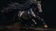 Galloping black horse on dark background Generative AI