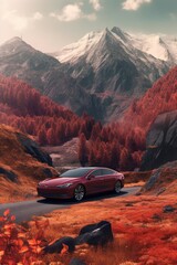 Sticker - car parked near a picturesque mountain landscape, created with generative ai