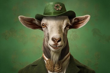 Canvas Print - ai generated illustration of a goat in a hat on a green background