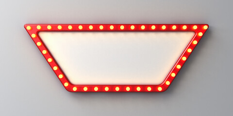 Fototapete - Retro white billboard sign or blank signboard with glowing yellow orange neon light bulbs isolated on dark white grey wall background with shadow 3D rendering