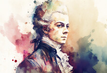 Wolfgang Amadeus Mozart Watercolour Painting Of The Famous Austrian Classical Music Pianist And Musical Opera Composer From Salzburg, Computer Generative AI Stock Illustration