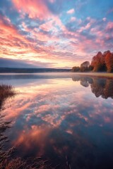 Poster - clouds reflecting on a calm lake surface at dawn, created with generative ai