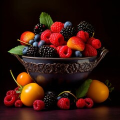 Sticker - AI generated illustration of A close-up shot of a variety of berries in a blue bowl