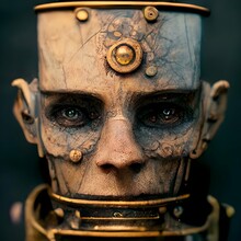 Close Up Detail Of A Heavily Augmented Steampunk Human Face Rule Of Thirds Subsurface Scattering Photorealistic Unreal Engine VFX Three Point Portraiture Lighting Octane Render Cinematic Colour 