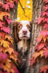 Canvas Print - dog peeking out from behind a colorful autumn tree, created with generative ai