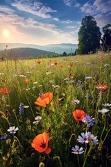 Poster - blooming wildflowers on a peaceful meadow, created with generative ai