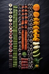 Poster - sushi rolls neatly arranged on a black slate, created with generative ai