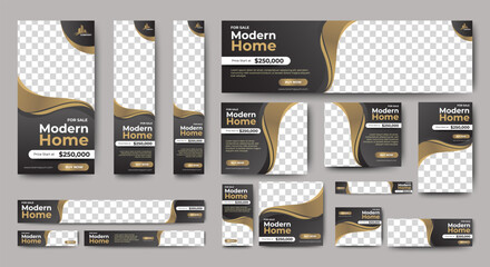 Canvas Print - real estate web ad banner template design with black and gray background. vector