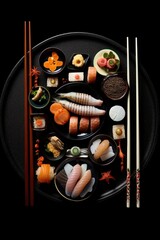 Poster - aerial view of a sushi set on a black plate, created with generative ai