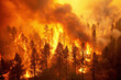 Aerial view of massive wildfire or forest fire with burning trees and orange smoke. Generative AI.
